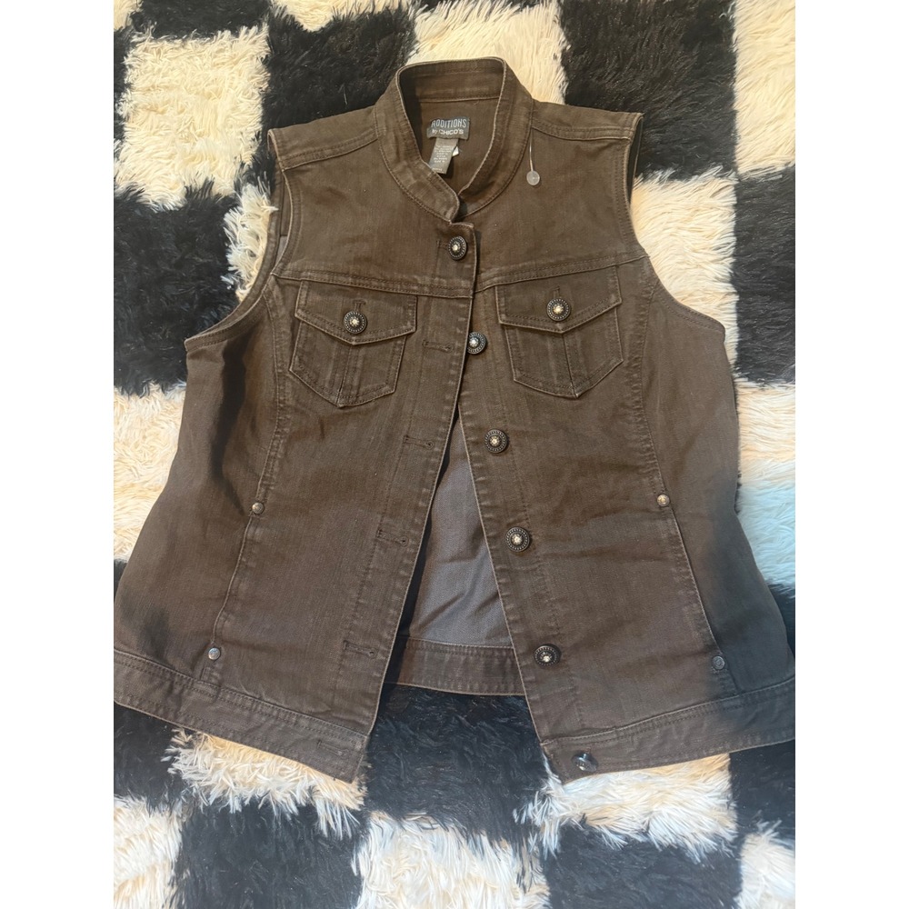 Chico's Additions Brown Denim Vest Mock Neck Button Front Pockets Size 0 XS S